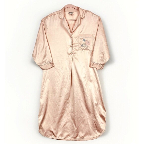 VTG Miss Elaine Lt Pink Nightgown Lingerie Embroidered Floral Pocket Womens SZ M - Picture 1 of 10